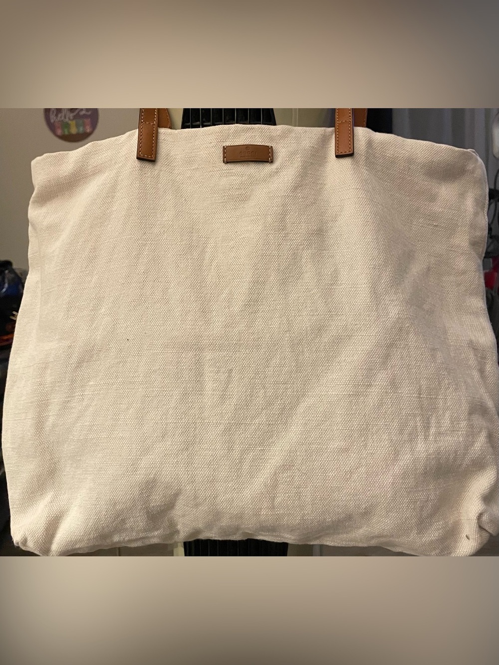 Gucci Light Tan Canvas Tote with Brown Leather Logo Patch